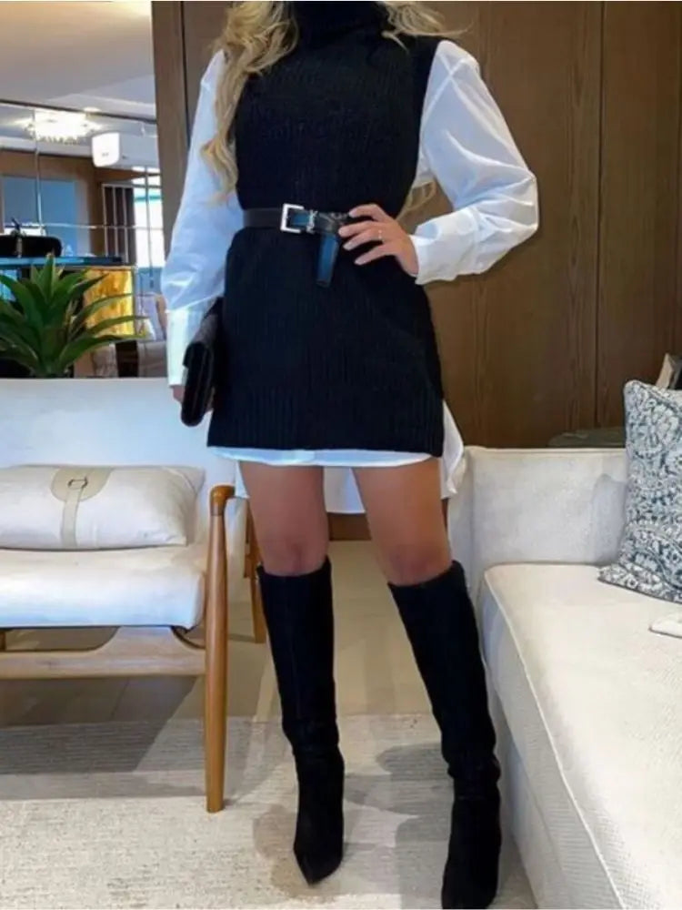 Colete Suéter Feminino MONNEI com Gola Alta - Malhado Sólido