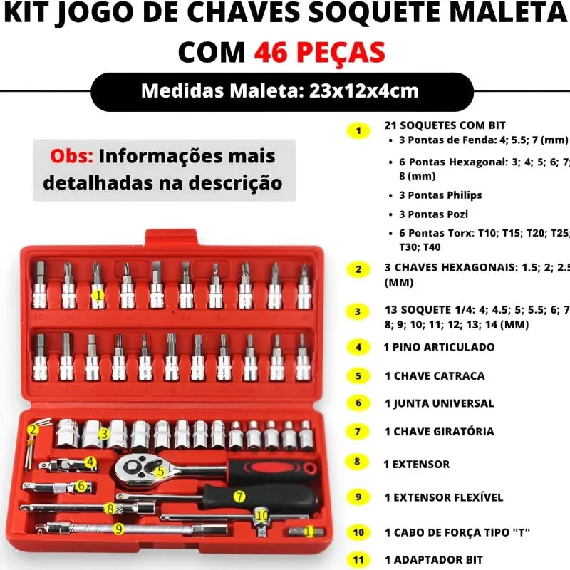Kit Chaves Reversíveis com Soquetes - 46 Peças + Maleta