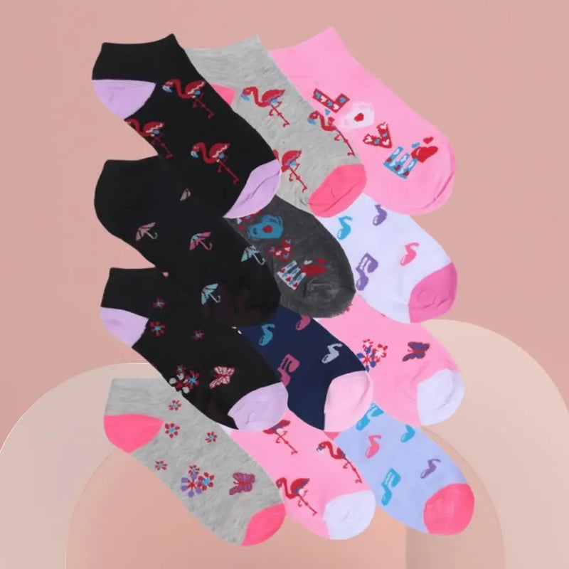 Kit 12 Pares de Meias Femininas Cano Curto Coloridas - Multicolor