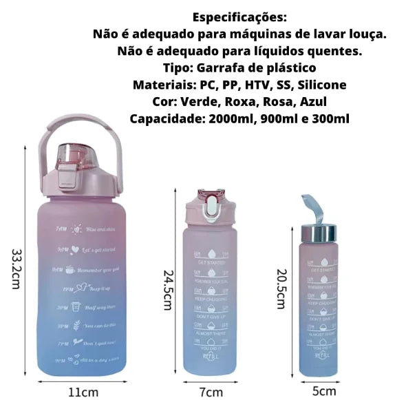 Kit Garrafas Squeeze Motivacional com Adesivos – 300ml + 900ml + 2000ml