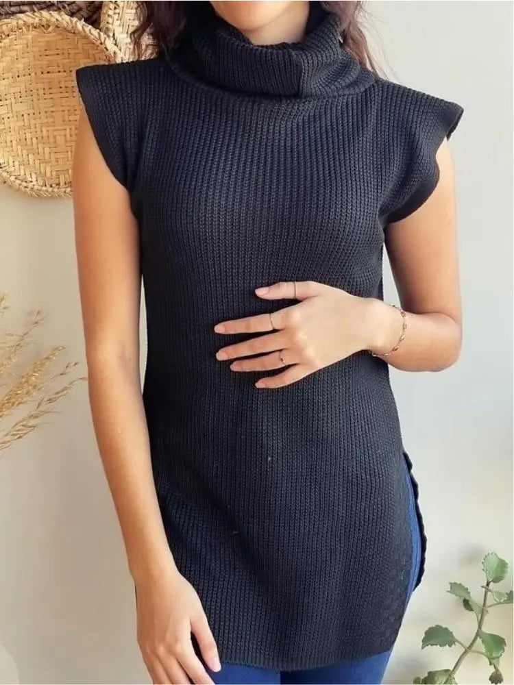 Colete Suéter Feminino MONNEI com Gola Alta - Malhado Sólido