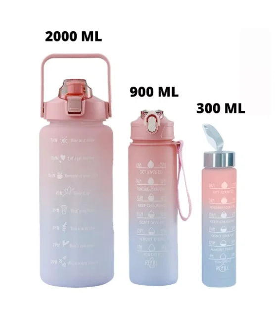 Kit Garrafas Squeeze Motivacional com Adesivos – 300ml + 900ml + 2000ml