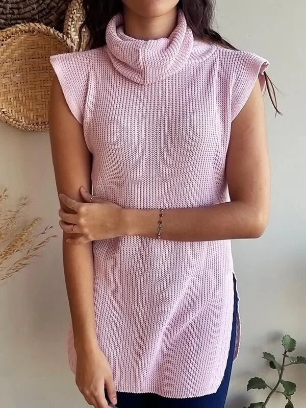 Colete Suéter Feminino MONNEI com Gola Alta - Malhado Sólido