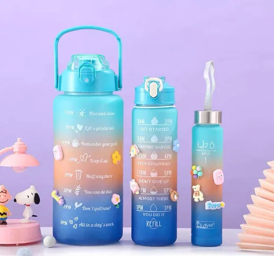 Kit Garrafas Squeeze Motivacional com Adesivos – 300ml + 900ml + 2000ml