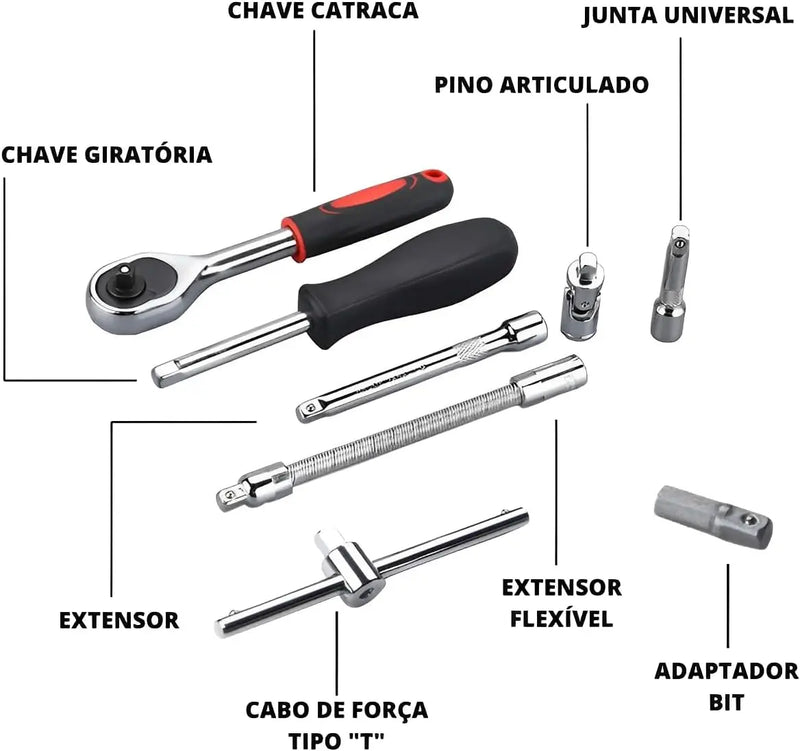 Kit Chaves Reversíveis com Soquetes - 46 Peças + Maleta
