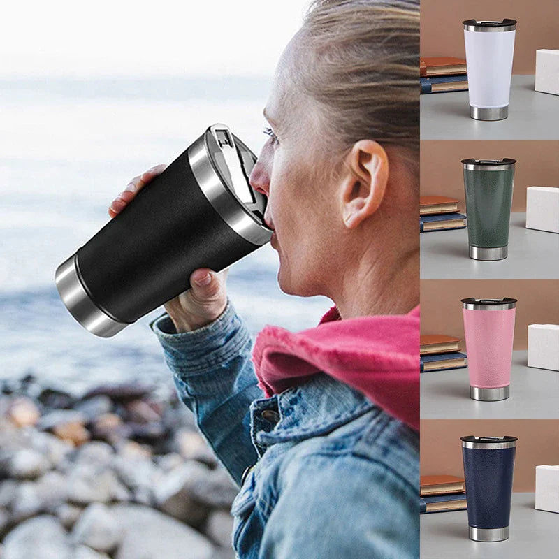 Copo Térmico 473ml com Luz, Abridor e Tampa Inox – Bebidas Quentes ou Geladas