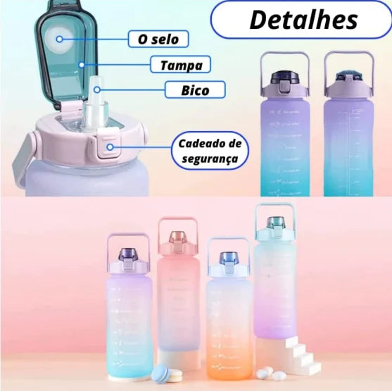 Kit Garrafas Squeeze Motivacional com Adesivos – 300ml + 900ml + 2000ml