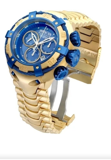 Relógio Masculino Invicta Thunderbolt Dourado mostrador Azul Pulseira de Aço Pesado