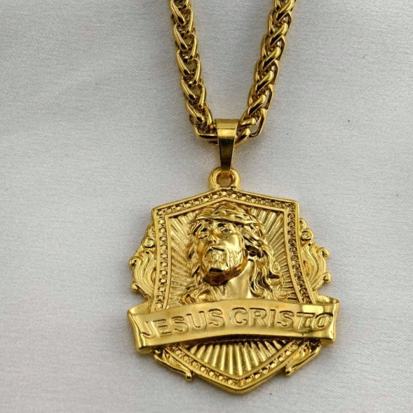 Colar de Corrente, Corrente Cordão Friso Moeda Antiga Grande Pingente de Ouro 18K Jesus Dono do Lugar não escurece