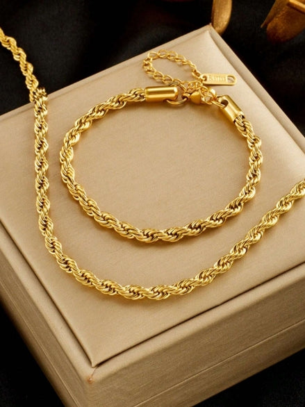 1 Conjunto Simples de Colar e Pulseira em Corrente Trançada de Aço Inoxidável, Acessórios Estilosos de Hip-Hop