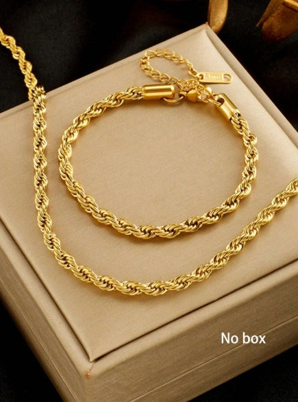 1 Conjunto Simples de Colar e Pulseira em Corrente Trançada de Aço Inoxidável, Acessórios Estilosos de Hip-Hop