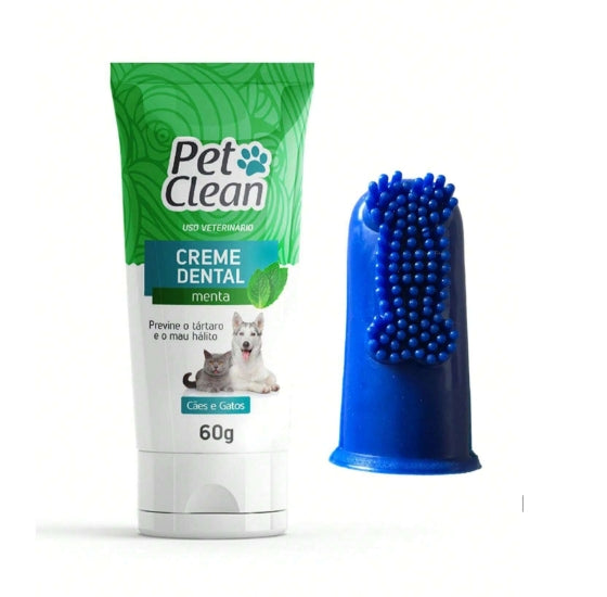 Kit Pasta de Dente 60g e Dedeira Pet Clean Higiene Bucal para Cachorros e Gatos Previne Mau Hálito