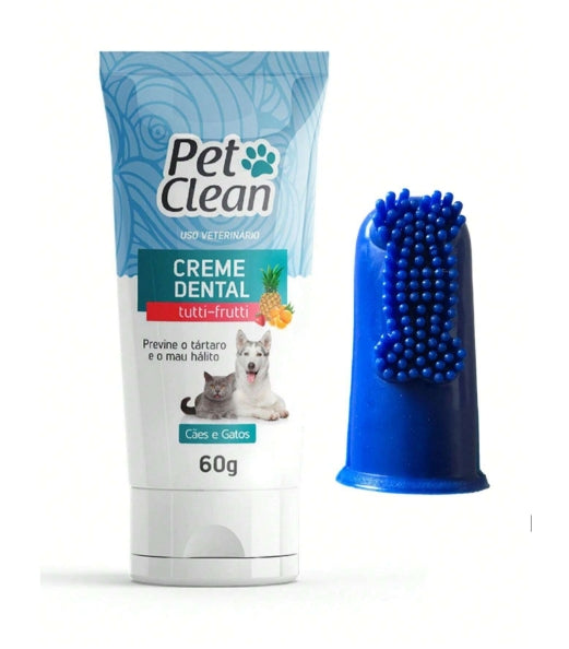 Kit Pasta de Dente 60g e Dedeira Pet Clean Higiene Bucal para Cachorros e Gatos Previne Mau Hálito