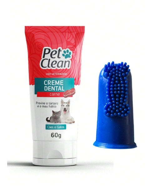 Kit Pasta de Dente 60g e Dedeira Pet Clean Higiene Bucal para Cachorros e Gatos Previne Mau Hálito
