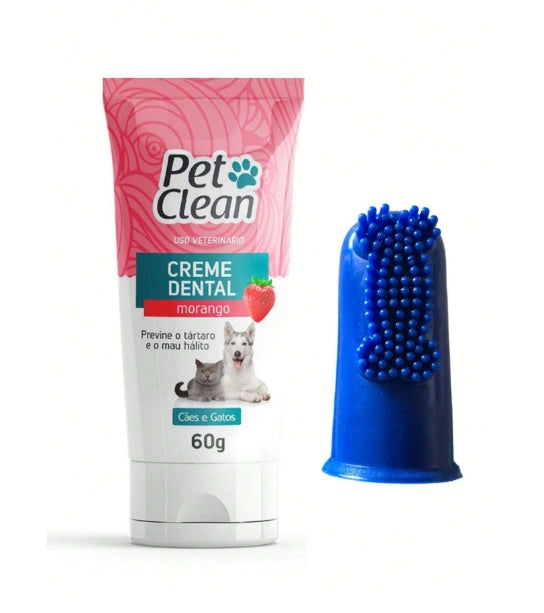 Kit Pasta de Dente 60g e Dedeira Pet Clean Higiene Bucal para Cachorros e Gatos Previne Mau Hálito