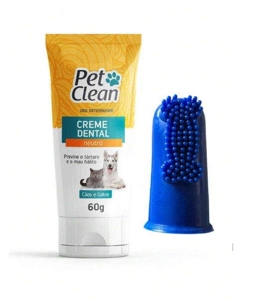 Kit Pasta de Dente 60g e Dedeira Pet Clean Higiene Bucal para Cachorros e Gatos Previne Mau Hálito