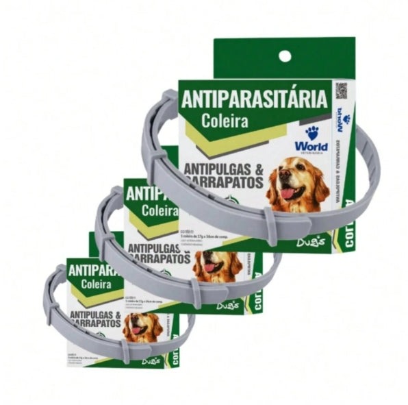 Kit 3 Coleiras Antipulgas e Carrapatos Para Cães Com 56cm - Coleira Cachorro Dugs - World Veterinária