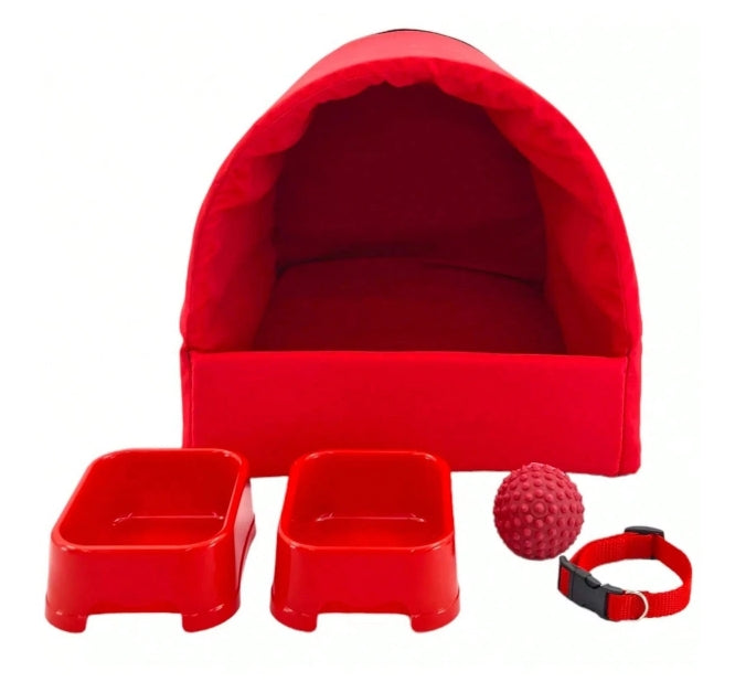 Kit Pet Pequeno Porte Cama Iglu Potes Água Ração Coleira Bolinha