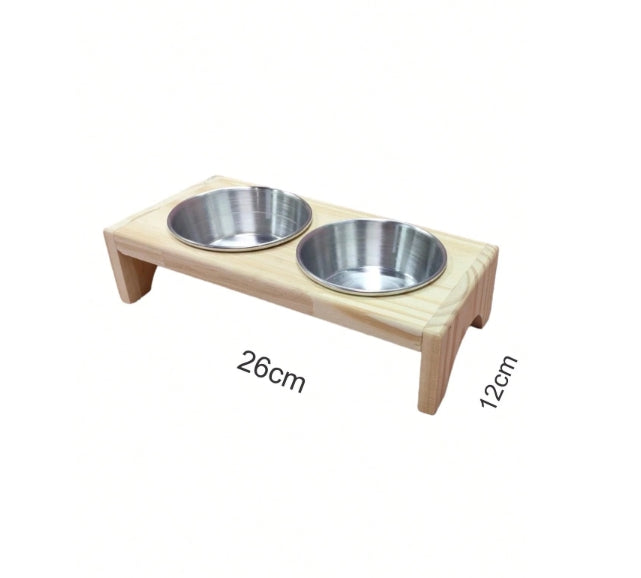 Comedouro PEQUENO para gatos ou cachorros de pequeno porte agua e ração 2 potes de alumínio com base de madeira de Pinus finger Mini Madeira natural Pets Pequeninos