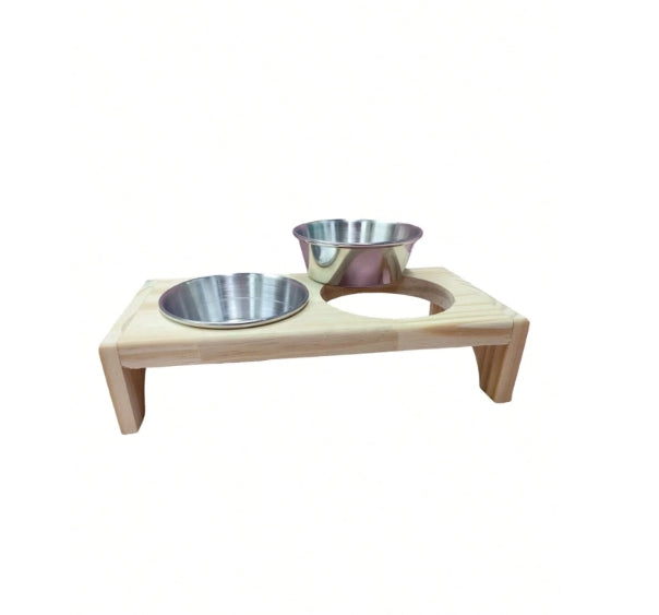 Comedouro PEQUENO para gatos ou cachorros de pequeno porte agua e ração 2 potes de alumínio com base de madeira de Pinus finger Mini Madeira natural Pets Pequeninos