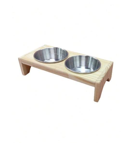 Comedouro PEQUENO para gatos ou cachorros de pequeno porte agua e ração 2 potes de alumínio com base de madeira de Pinus finger Mini Madeira natural Pets Pequeninos