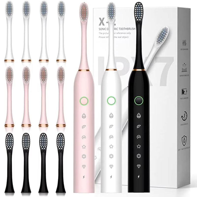 Escova Elétrica Ultrassônica IPX7 - Higiene Bucal Profunda com Cabeça Substituível, Resistente à Água.