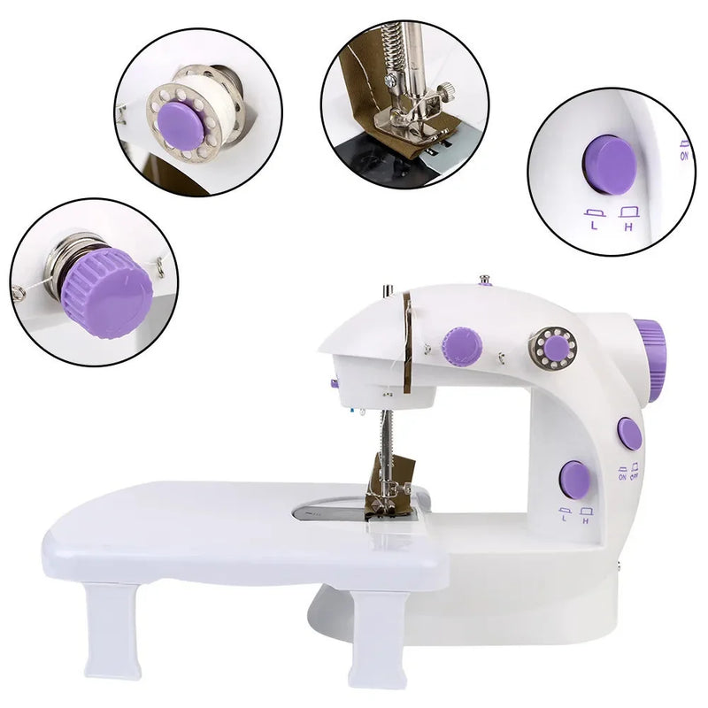 Mini máquina de costura doméstica portátil, luz noturna, pedal, linha reta, kit de dois thread